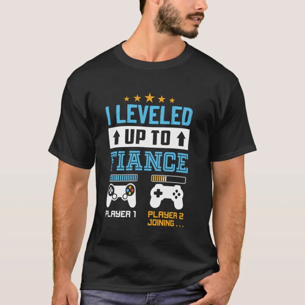 I leveled up to fiance newly-engaged gamer colorful t-shirt