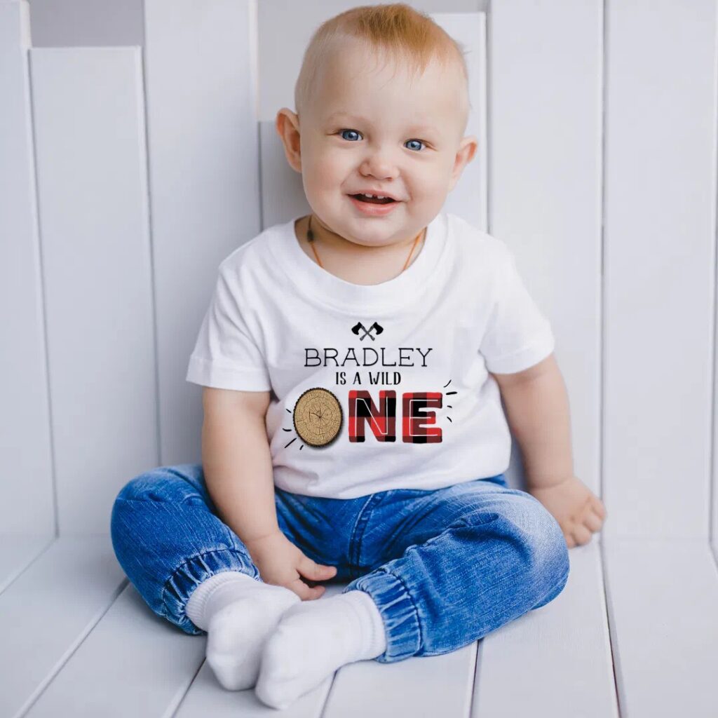 Alter this lumberjack boys 1st birthday baby t-shirt
